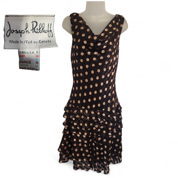 Joseph Ribkoff Dresses & Skirts - Vtg Joseph Ribkoff Size 8 Brown Polka Dot Sheath Dress Tiered Ruffles Cowl Neck